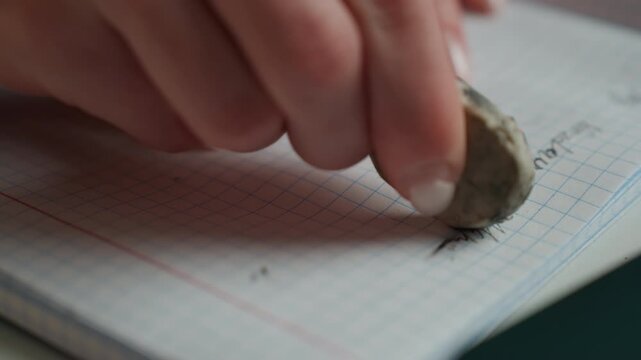 Hand clears lines on paper. Closeup of hand removing mistakes on notebook during calm tutoring. Woman carefully erases pencil errors on grid paper while concentrating during home learning
