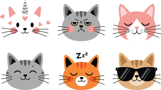 Cute Cartoon Cat Faces Sticker Set with Varied Expressions Including Grumpy, Happy, Sleeping, Cool with Sunglasses, and Unicorn Cat for Kid Designs
