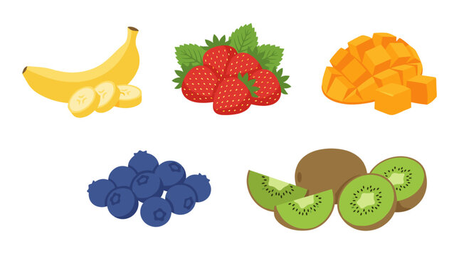 Assortment of fresh fruits including banana strawberry mango blueberry and kiwi slices