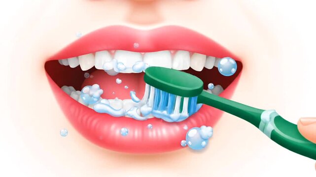 Vector mouth illustration with moving toothbrush and foam bubbles, designed for educational dental care and healthcare content