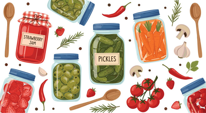 Homemade Pickled Vegetables and Jam Jars Clipart Set with Cucumbers, Olives, Carrots, Tomatoes, and Spices for Autumn Harvest and Preserved Food Vector Designs