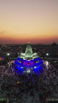 Aerial Drone Shot of Prem Mandir at Night, Vrindavan, India &ndash; Mesmerizing Illuminated Temple