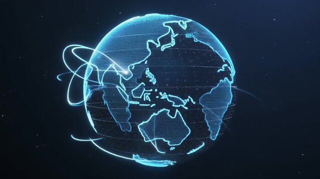 Holographic Earth Globe Rotating Glowing Blue Grid Lines Cinematic Animation