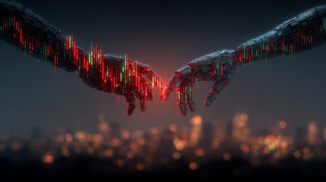 Embracing tomorrow: the union of human and machine intelligence. Market forecast. Technological harmony: human and ai handshake under shining light. Crypto investment. Market indicators.