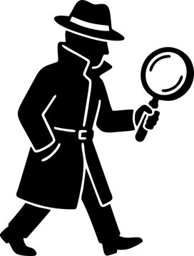 Detective Silhouette Walking with Magnifying Glass Wearing Trench Coat and Fedora Hat &ndash; Black Mystery Investigator Vector Illustration