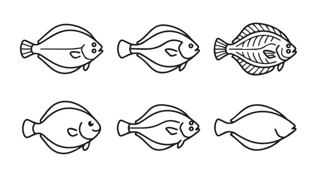 Hand drawn fish illustrations set featuring flatfish species flatfish flounder handdrawn illustration underwater wildlife monochrome isolated collection detailed artistic swimming