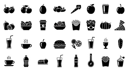 Obraz premium Restaurant icons display a wide selection of food and drink items including burgers, coffee, and fresh produce organized as black silhouettes for professional menu and culinary branding.