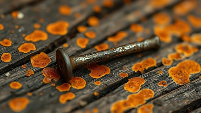 Rusted iron nail on weathered wood with orange oxidation patterns.