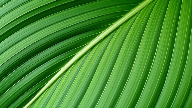 Close-up on a plantain leaf showing its elegant parallel venation pattern in monochromatic green.