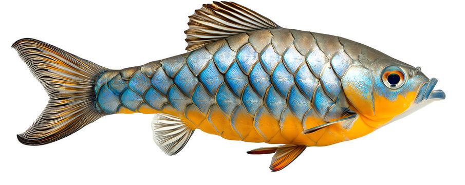 Blue and Orange Fish with Diamond Scales on Transparent Background