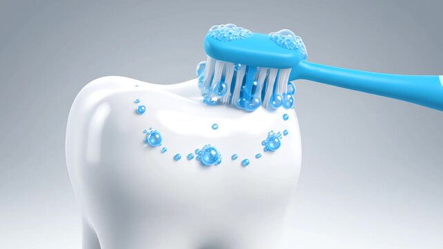 3D cartoon tooth with blue toothbrush and foam bubbles in smooth looping animation, representing dental hygiene and oral care education