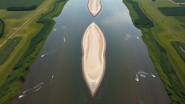 Aerial view of a river split by a sandbar, creating two streams through green landscape.
