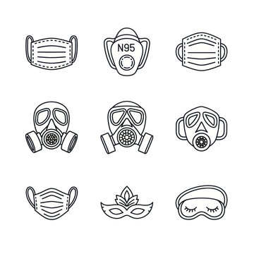 Collection of Face Mask Icons: Surgical, N95, Gas Mask, Masquerade, Sleep Mask