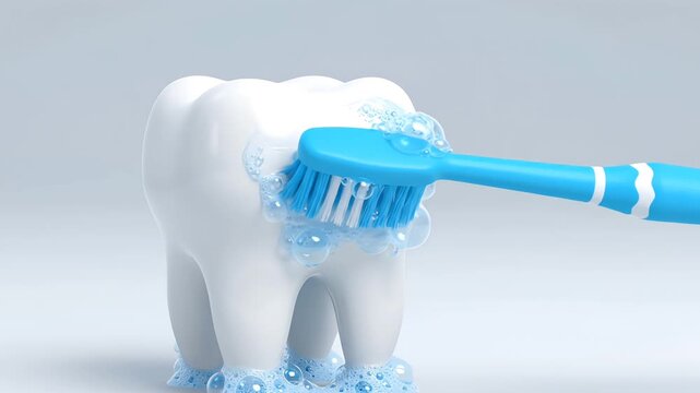 Clean cartoon tooth illustration with moving blue toothbrush and subtle foam motion, designed for dental healthcare visual content
