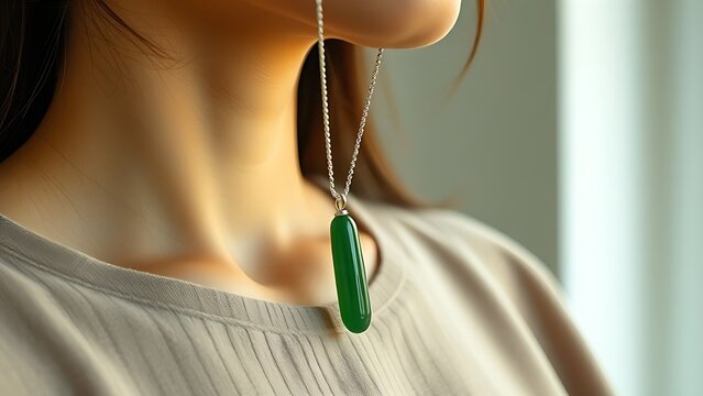 Close-up of green jade silique pendant on neutral garment, elegant jewelry.
