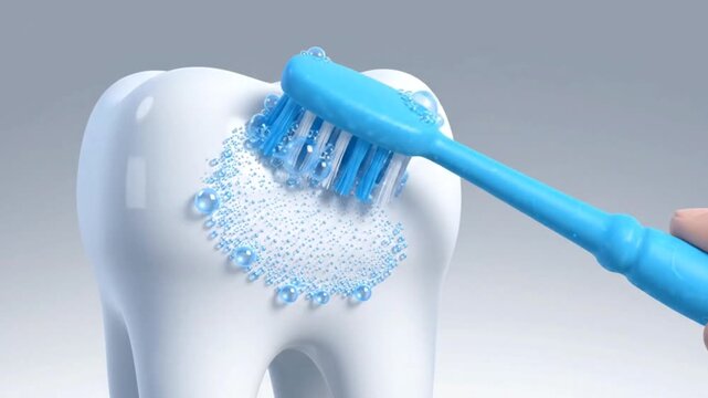 Minimal 3D tooth animation with soft foam bubbles and gentle brushing motion, smooth dental render for educational healthcare graphics