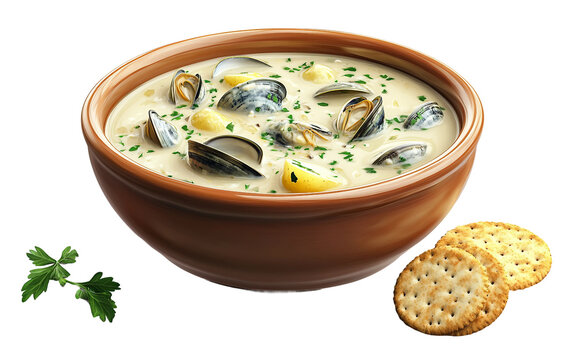 Delicious clam chowder soup with creamy texture and fresh herb garnish close up Isolated on transparent background PNG