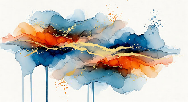 Abstract Blue and Orange Alcohol Ink Background with Gold Foil Accents Elegant Fluid Art Watercolor Splash and Drips for Luxury Creative Banner and Modern Wall Art