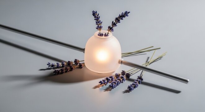 Frosted glass diffuser with lavender sprigs emitting a warm ambient light