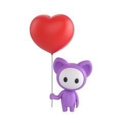 Naklejka premium Cute 3D render Purple Little Monster character standing and holding a heart-shaped balloon, sweet and affectionate pose, isolated on white background.