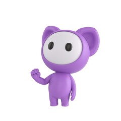 Obraz premium Cute 3D render Purple Little Monster character raising one fist with confidence, head held high and looking upward, strong and determined pose, isolated on white background.