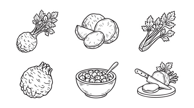 Set of hand drawn celeriac root vegetable illustrations with celeriac vegetable illustration ingredient vegetarian culinary preparation nutrition handdrawn monochrome collection isolated