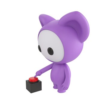 Cute 3D render Purple Little Monster character pressing a red button with one finger, side view, focused and intentional action pose, isolated on white background.