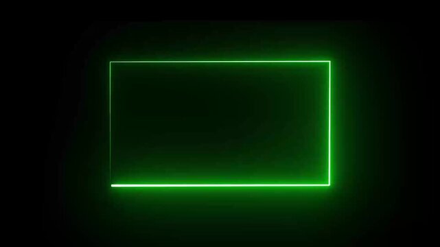 Blue neon light is moving around black rectangle frame on dark background. Seamless border cycling glow animation