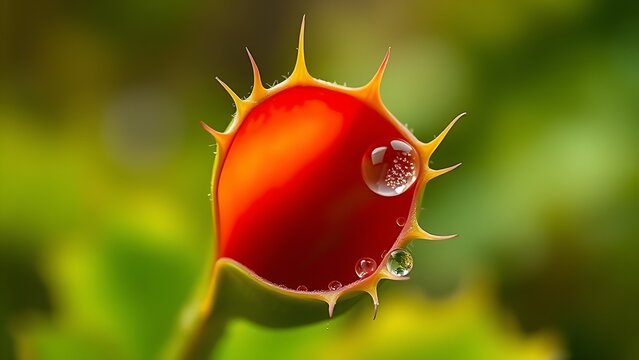 Macro view of a Venus flytrap leaf with dewdrops, isolated on a blurred natural background.