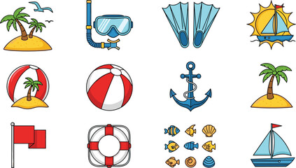 Summer Beach and Tropical Vacation Icon Set with Sailboat, Snorkel Mask, Flippers, Anchor, Palm Trees, and Sea Life for Tourism Graphic Designs © Remi