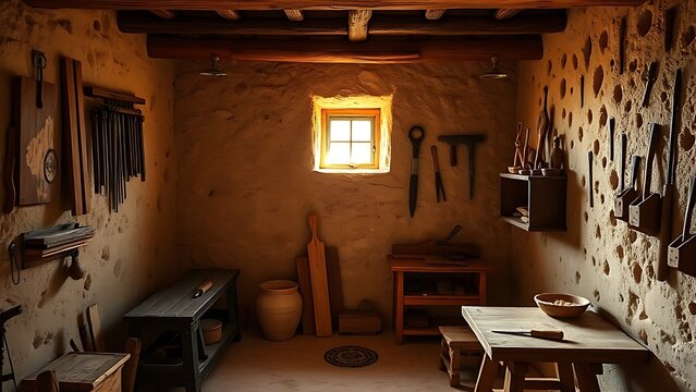 Rustic stone cottage interior with woodworking tools, morning light.