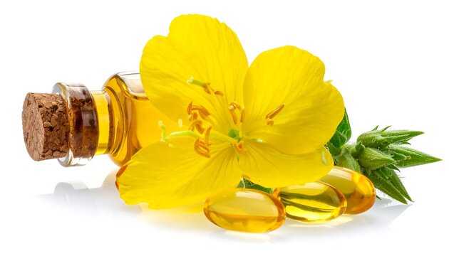 Still life of a bright yellow evening primrose blossom next to a glass bottle with oil, capsules, and green leaves