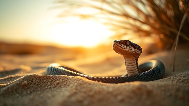 A cobra emerging from desert sands with its hood flared in golden hour sunlight.