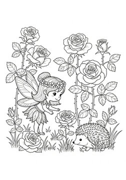 Whimsical fairy and hedgehog in enchanted rose garden scene.