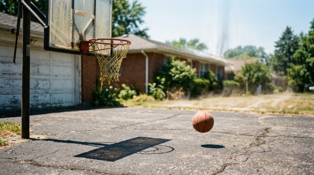  A driveway basketball game paused, ball mid-air, frozen in time. Players are absent, just the shadow of a hoop on hot asphalt. The net is frayed, the backboard weathered. Heat waves distort the view.