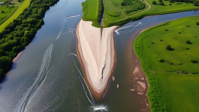 Aerial view of a river split by a sandbar, creating two streams through green landscape.