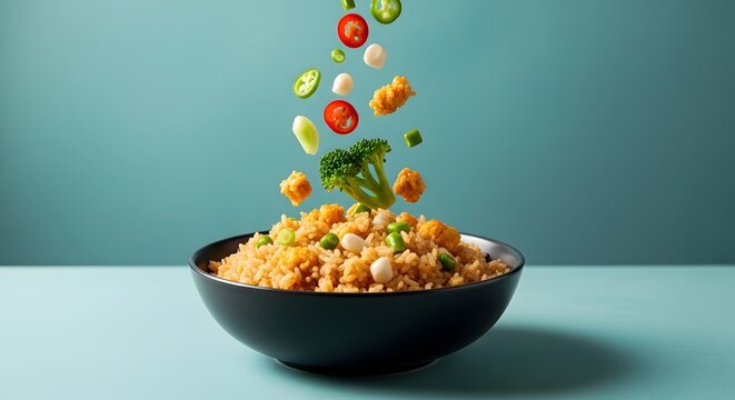 Fresh vegetables and broccoli falling into a bowl of delicious fried rice for a healthy meal
