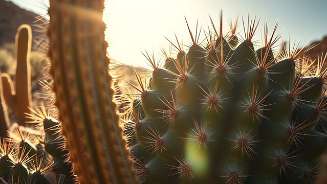 A large cactus with long spines under harsh desert sunlight.