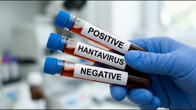 Gloved hand holding Hantavirus blood test tubes showing positive and negative results in a laboratory.