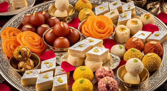 Delicious indian sweets collection with jalebi gulab jamun and barfi arranged on a traditional silver platter for festive celebration