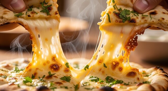 Close up of delicious hot pizza slice being pulled away with long strings of melted mozzarella cheese and fresh green herbs on a rustic wooden table in a warm cozy restaurant kitchen environment