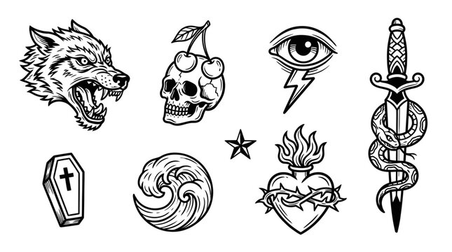 Tattoo Flash Sheet: Wolf, Skull, Eye, Dagger, Heart, Coffin, Wave Icons - Vintage Style