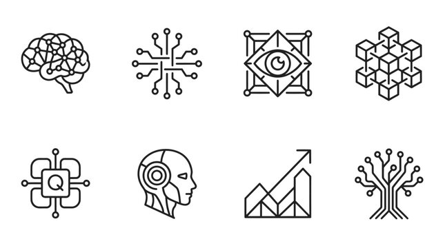 Artificial Intelligence Icons: Brain, Robot, Data, Vision, Growth, Quantum Computing, Network
