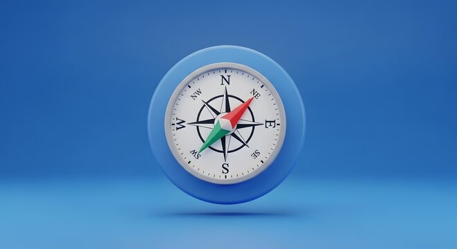 3d render of a blue navigation compass icon with cardinal directions on a matching blue background