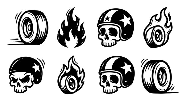 Skull Helmets, Flaming Tires, Speeding Wheels, Tattoo Style Icons Set