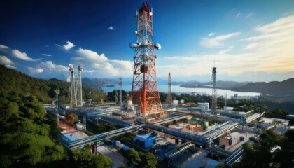 Obraz premium Industrial landscape with towers and pipelines against a blue sky.