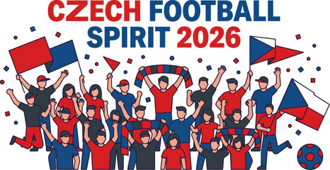 Fototapeta premium Czech football fans celebrating with flags and soccer ball on white background