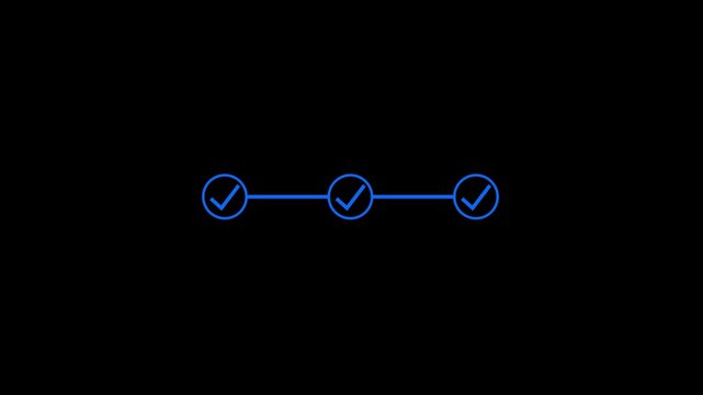 3 step infographic process success with check mark icon animation. Step-by-step process icon animation on black background.