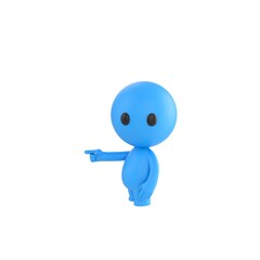 Cute 3D render Little Blue Boy character pointing to the side while facing the camera, one hand relaxed at the side, friendly and confident mascot style, isolated on white background.