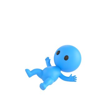 Cute 3D render Little Blue Boy character slipping and falling, surprised and playful expression, dynamic mascot style, isolated on white background.